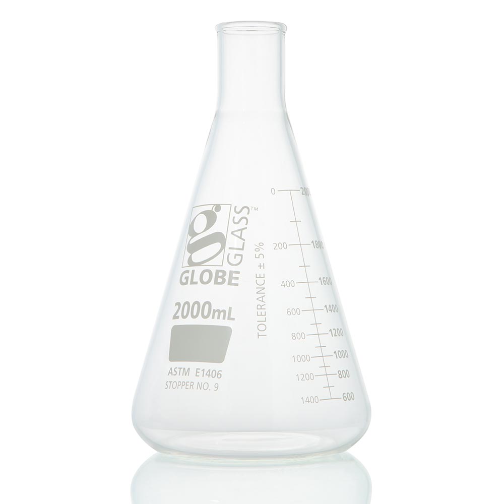 Globe Scientific Flask, Erlenmeyer, Globe Glass, 2000mL, Heavy Duty, Narrow Mouth, Dual Graduations, ASTM E1406, 1/Box Image